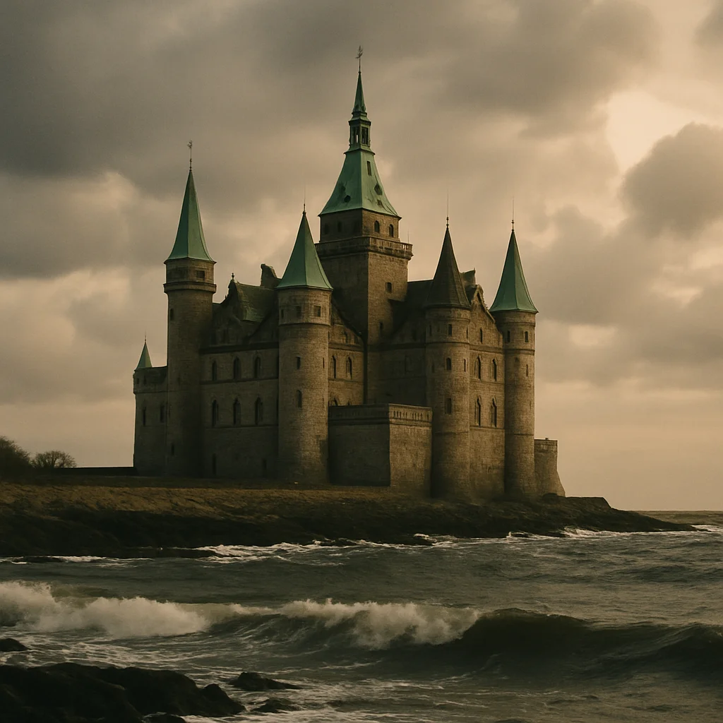 A stone castle with green spires stands on a rocky coast with stormy waves.