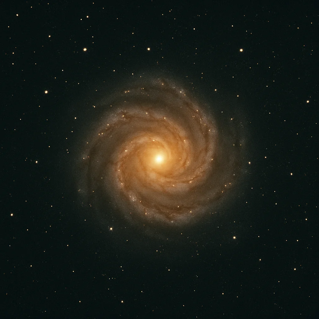 A vibrant spiral galaxy with a bright core swirls against a dark, star-filled sky.