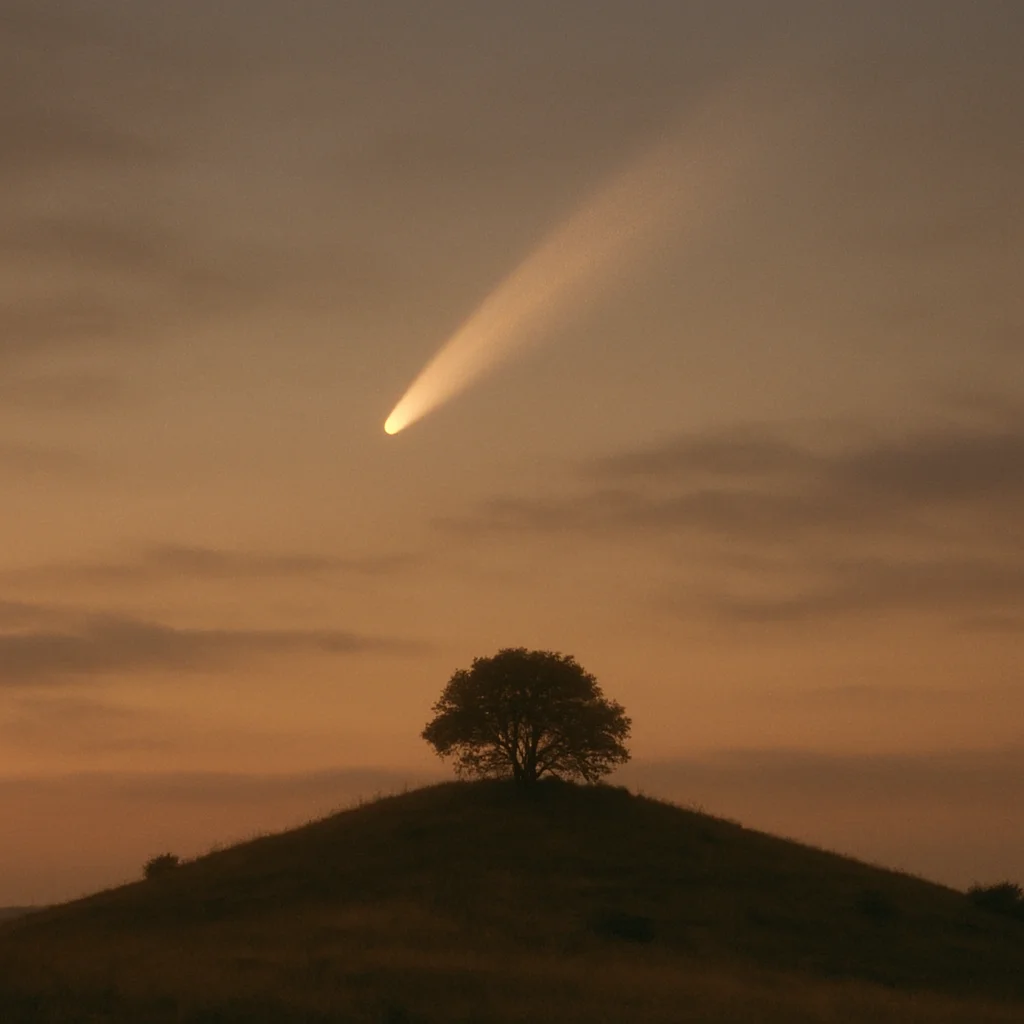 A bright comet with a long tail illuminates an orange sky above a solitary hill tree.