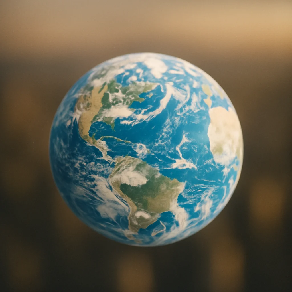 A detailed spherical representation of planet Earth, showing continents, oceans, and clouds.