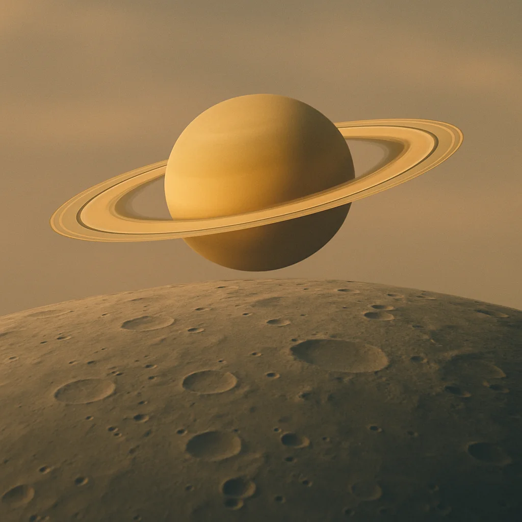 Jigsaw puzzle: The planet Saturn with its rings floats above a heavily cratered lunar surface.