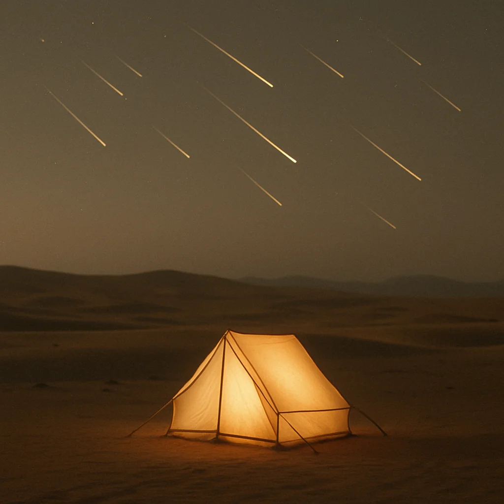 Jigsaw puzzle: A glowing tent sits in a desert under a dark sky filled with streaking meteors.