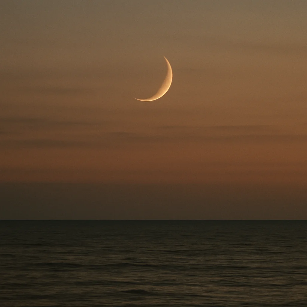 Jigsaw puzzle: A slender crescent moon hangs in a twilight sky above a dark, calm sea.