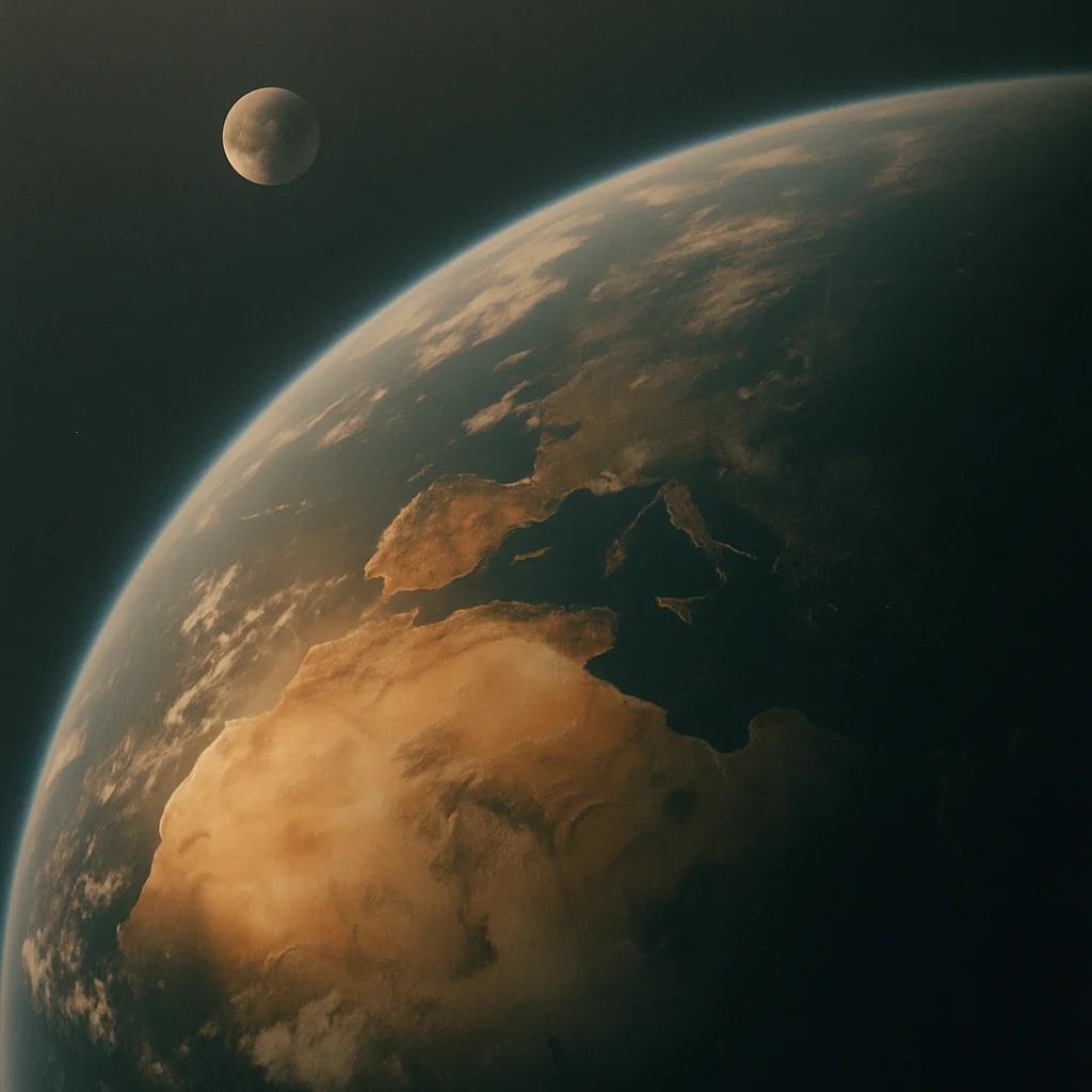 A stunning view of Earth from space, with the moon visible in the distance.