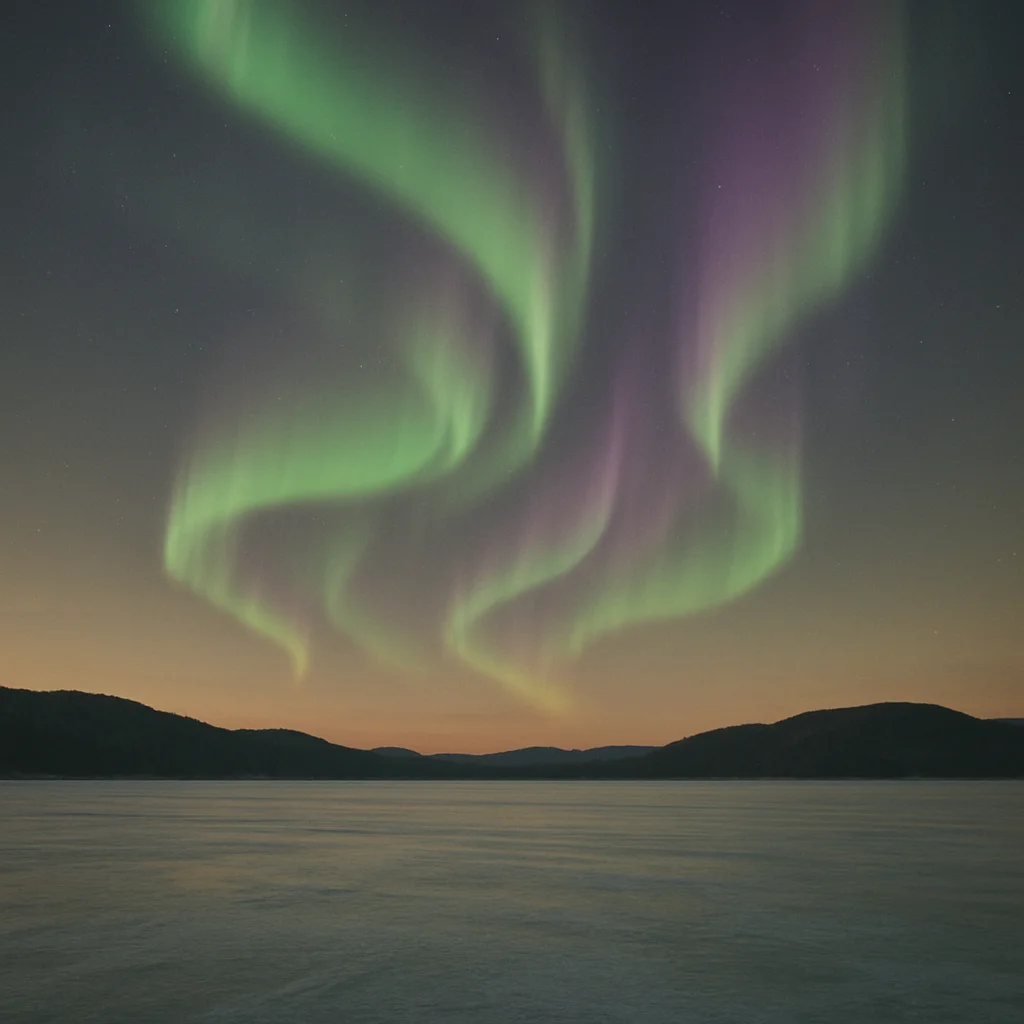 Green and purple aurora borealis illuminates the night sky above a frozen lake and distant mountains.
