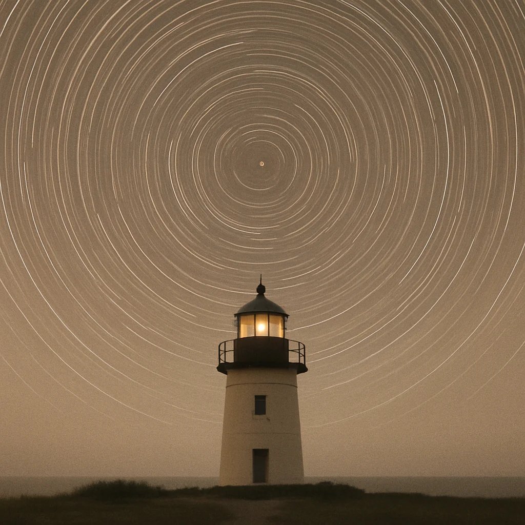 A lighthouse stands under a night sky filled with concentric star trails.