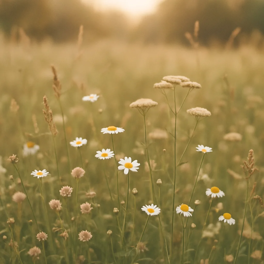 White daisies with yellow centers stand tall in a blurred, golden meadow at sunrise.