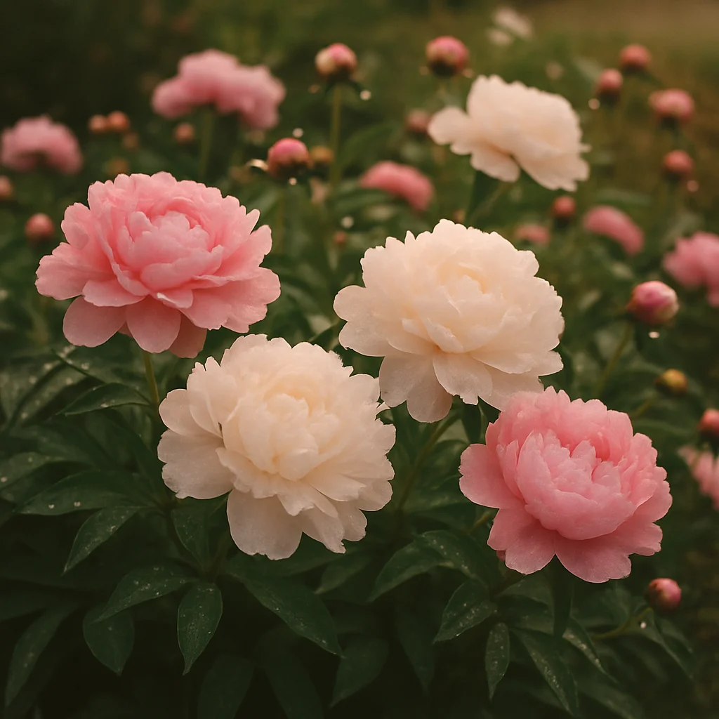A beautiful close-up of pink and white peonies blooming in a lush green garden.