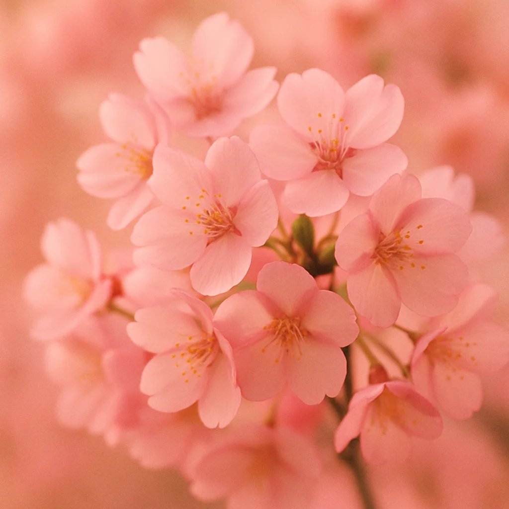 A close-up view of a cluster of soft pink cherry blossoms against a blurred background.