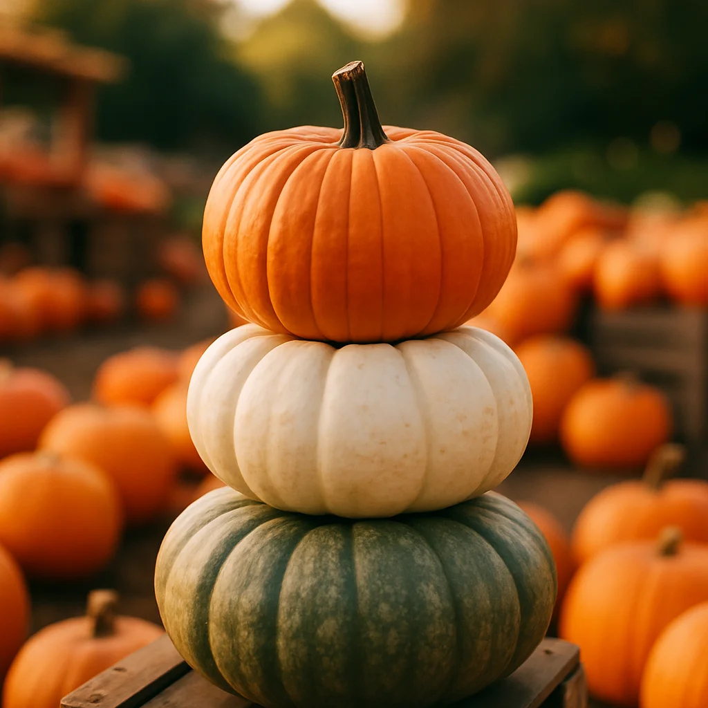 Three colorful pumpkins stacked on a crate in a sunny pumpkin patch.