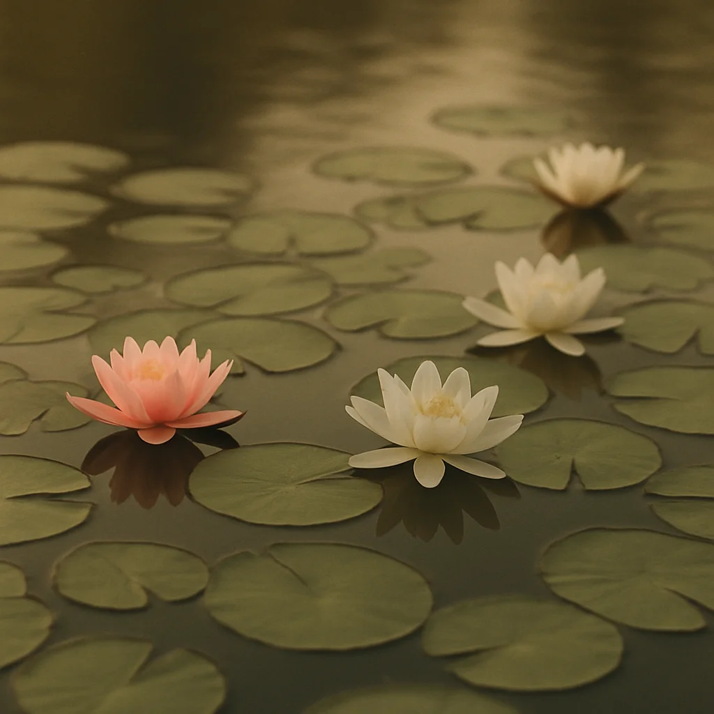 Puzzle a incastro: Ninfee rosa e bianche con foglie verdi galleggiano su uno stagno immobile.