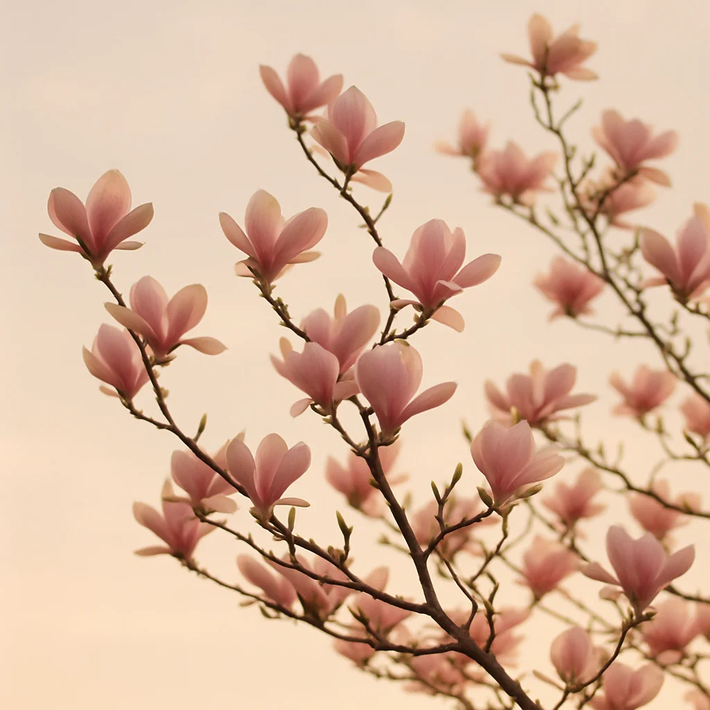 Jigsaw puzzle: Delicate pink magnolia blossoms bloom on slender branches against a soft, pale sky.