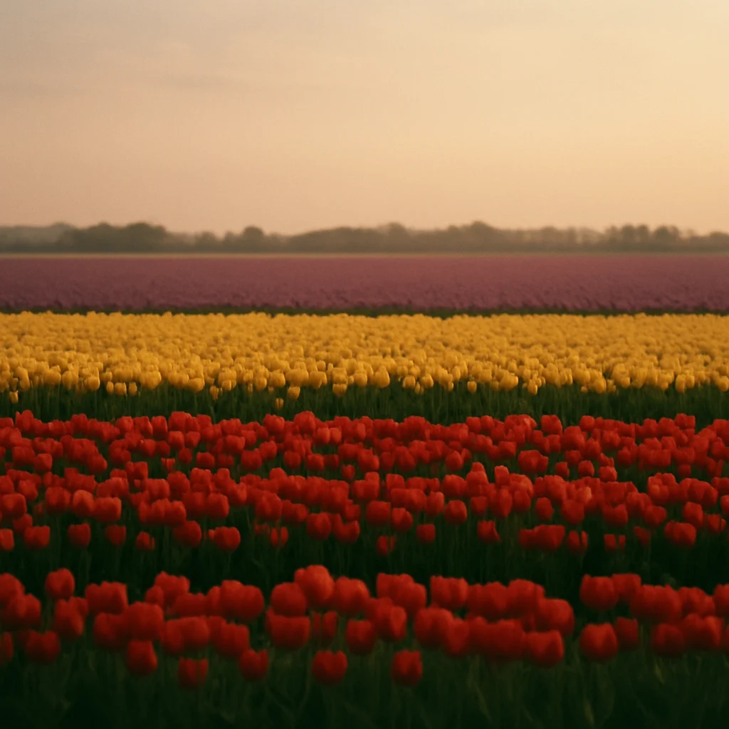 Jigsaw puzzle: Rows of red, yellow, and purple tulips stretch across a field at dawn.