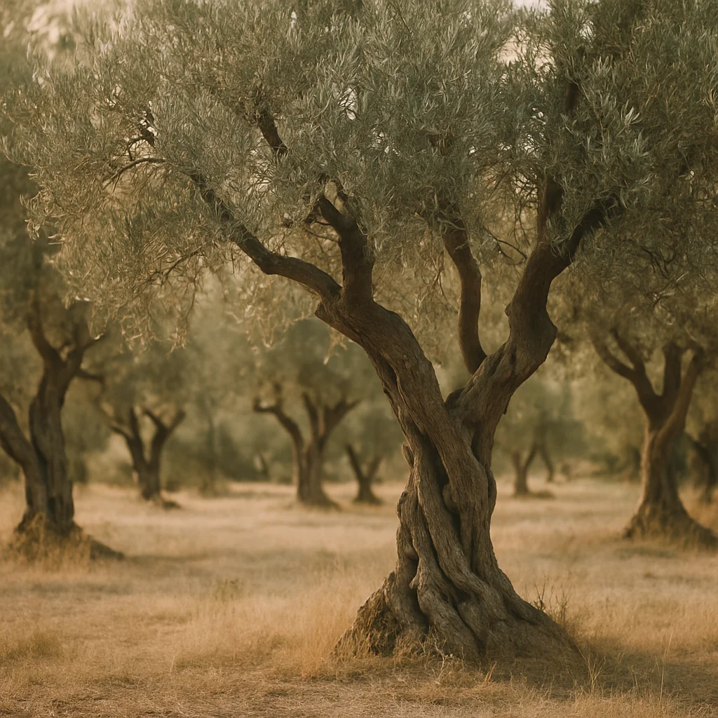 Jigsaw puzzle: Close-up of a gnarled olive tree trunk and leaves in an orchard at sunset.