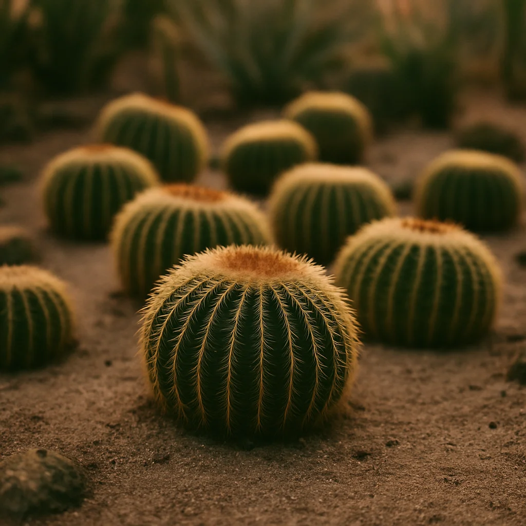 Jigsaw puzzle: A cluster of golden barrel cacti with sharp yellow spines growing in sandy desert soil.