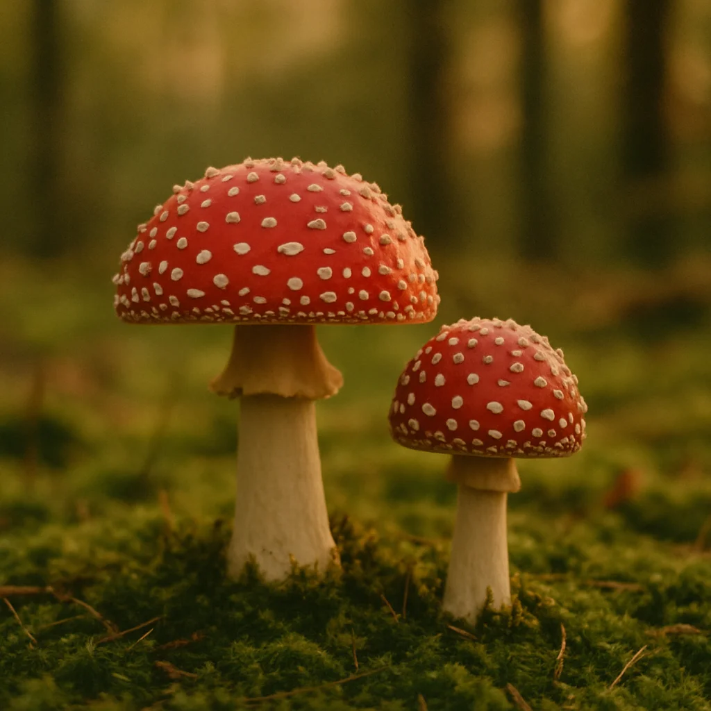 Jigsaw puzzle: Two red and white spotted fly agaric mushrooms grow on a vibrant mossy forest floor.
