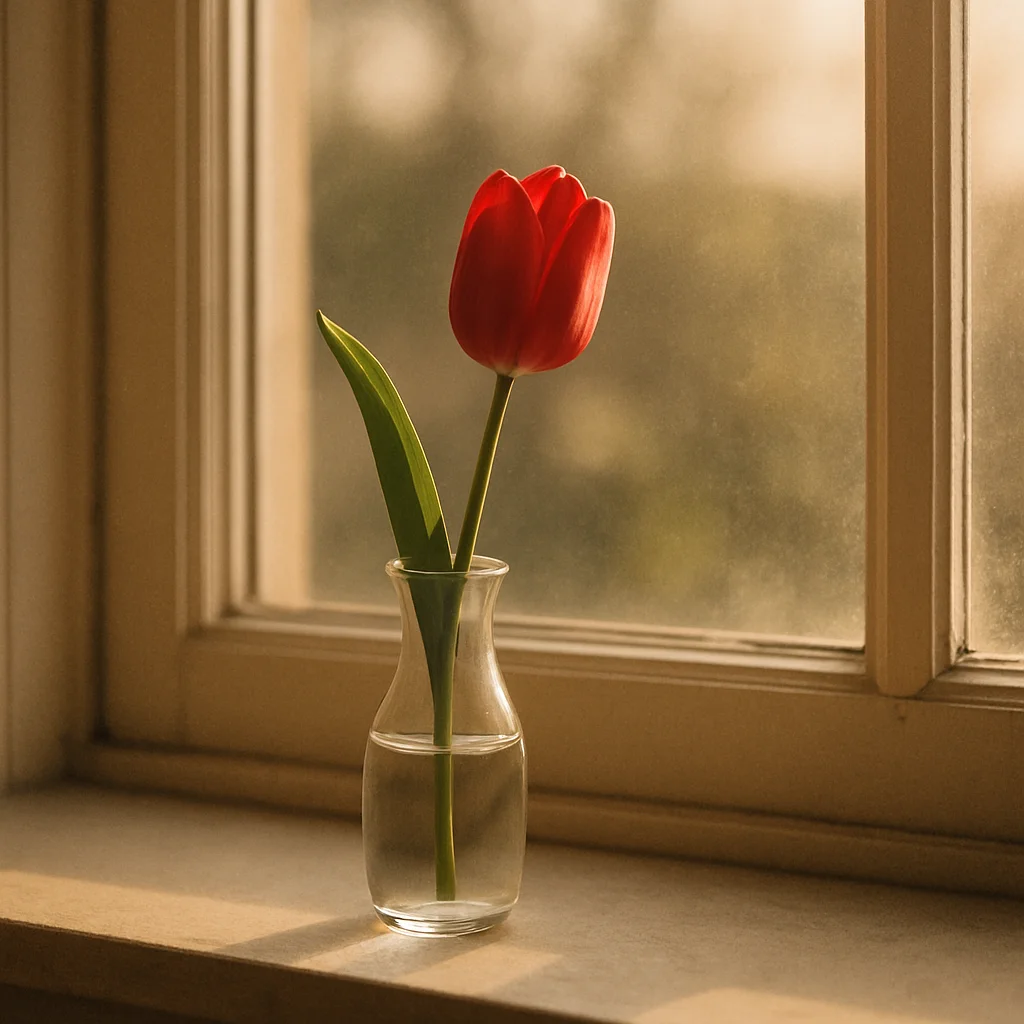 A vibrant red tulip and green leaf in a clear vase on a sunlit windowsill.