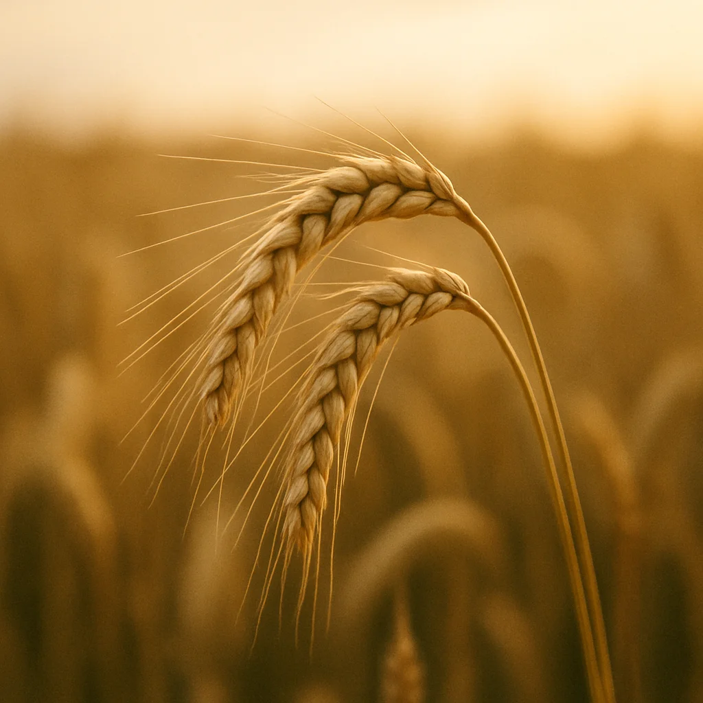Jigsaw puzzle: Close-up of two golden wheat ears gently bending in a field at sunset.