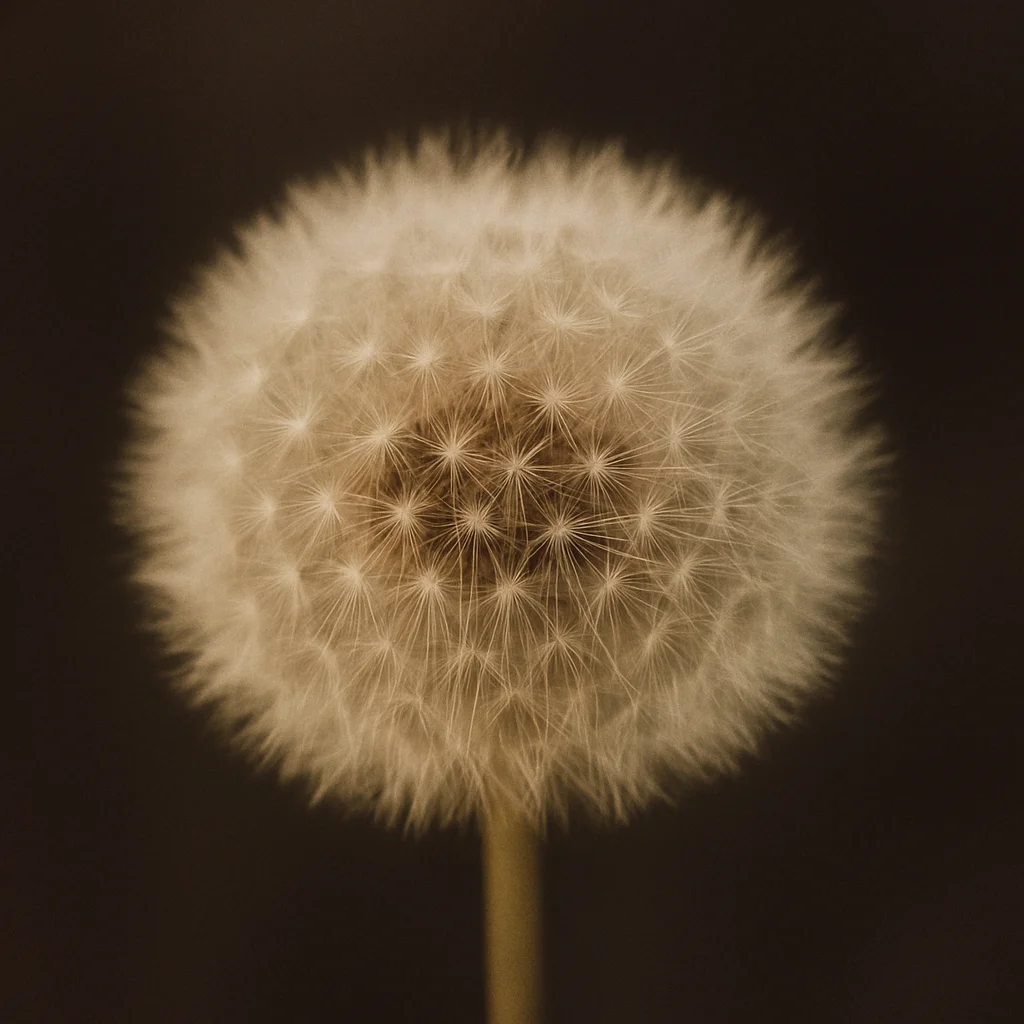 A close-up, sepia-toned image of a fluffy dandelion seed head against a dark background.