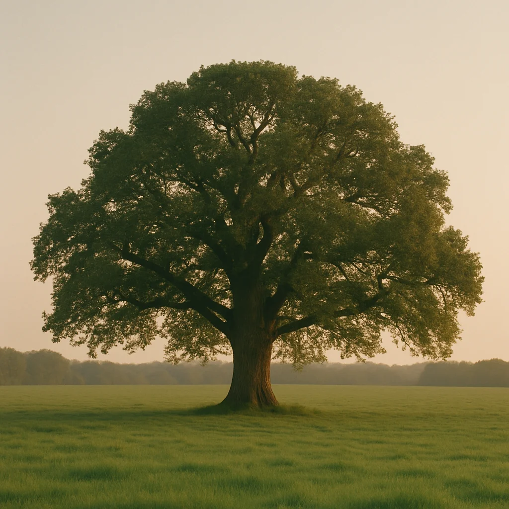 A majestic tree stands alone in a green field under a pale sky.