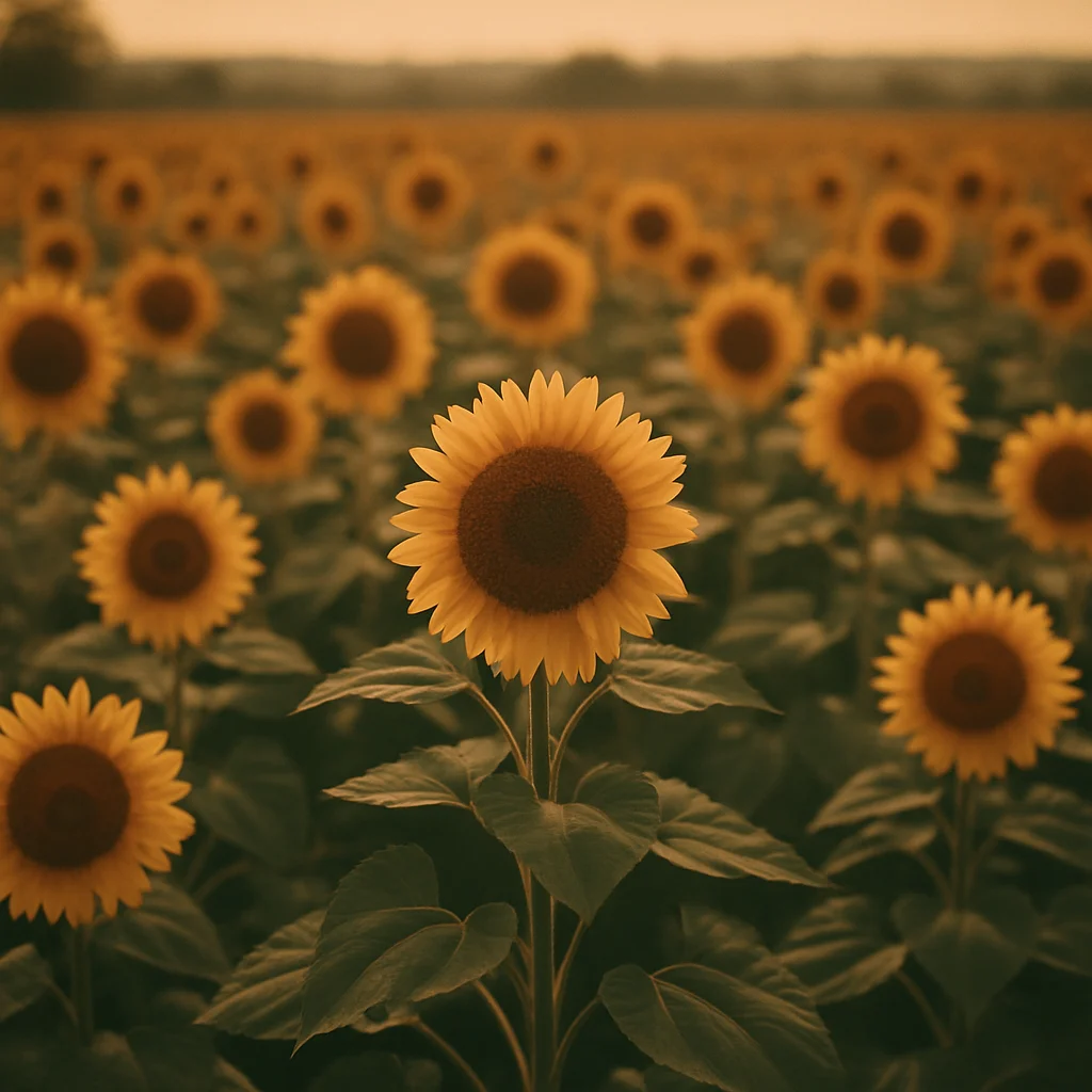 Vibrant yellow sunflowers bloom in a vast field under a warm, hazy sky.