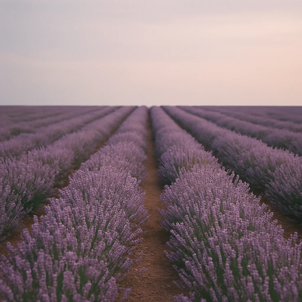 Rows of purple lavender plants extend towards a pale horizon under a soft sky.