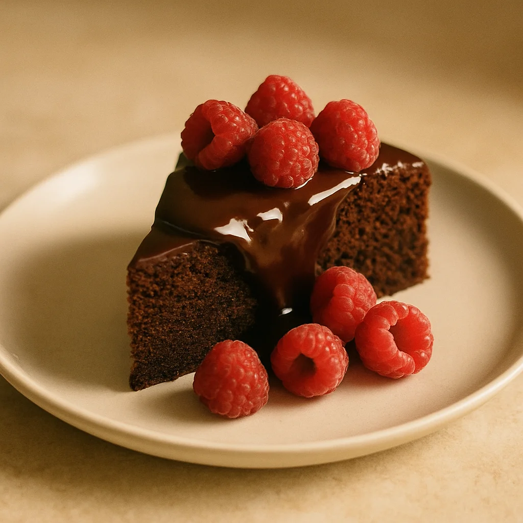 A slice of dark chocolate cake with glossy ganache and fresh red raspberries on a light plate.