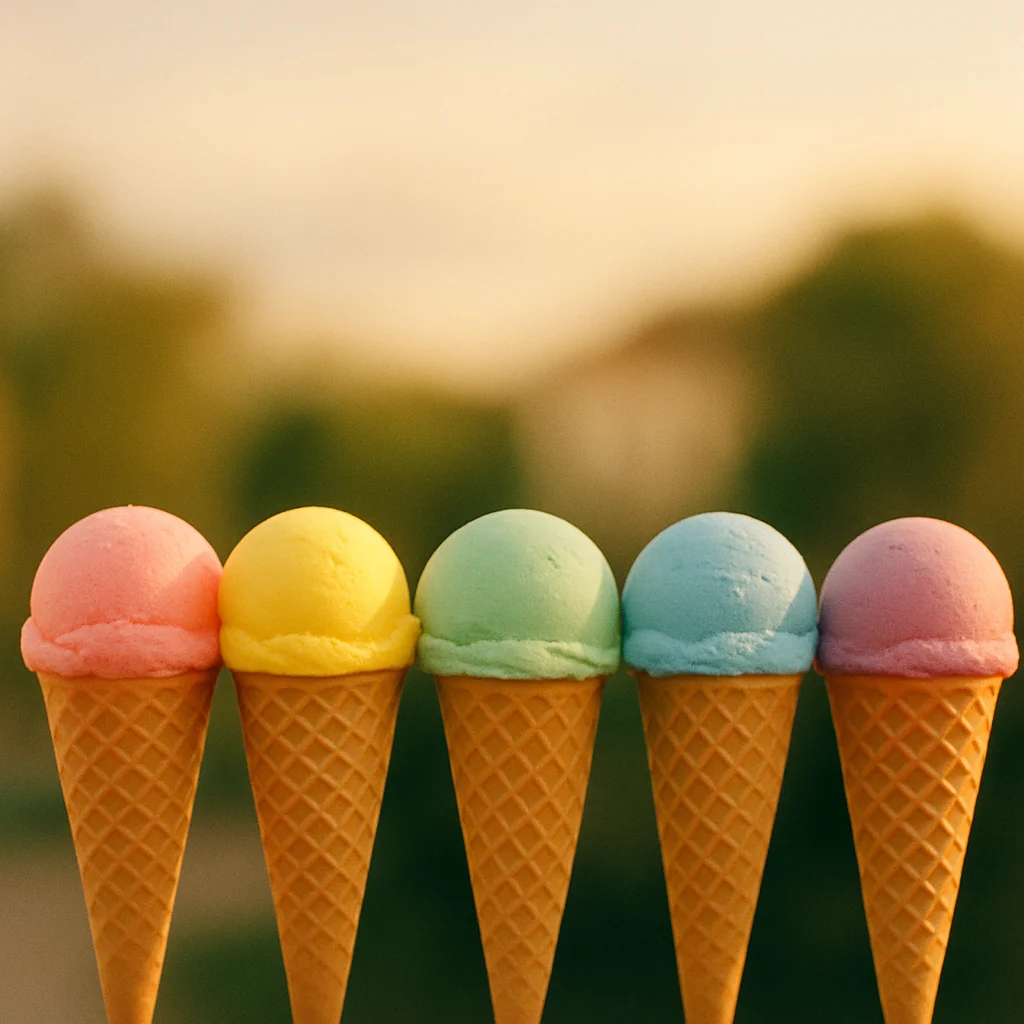 Five colorful ice cream cones stand in a row with a blurred green and yellow background.