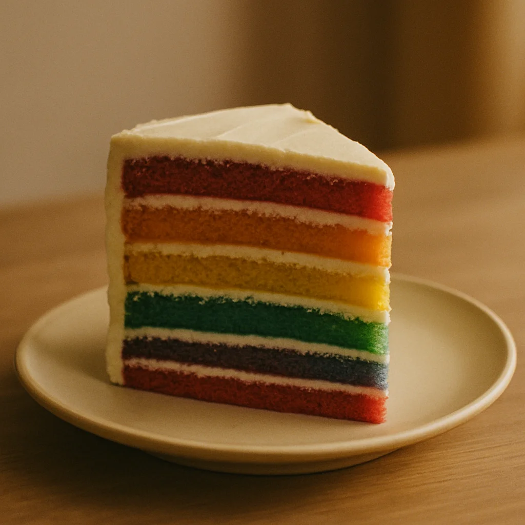 Jigsaw puzzle: A vibrant slice of rainbow layer cake with white frosting sits on a plain plate.