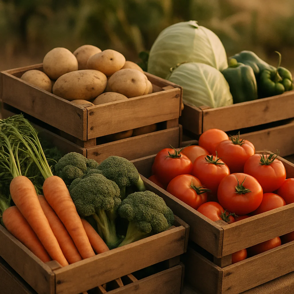 Jigsaw puzzle: Freshly harvested potatoes, carrots, broccoli, tomatoes, cabbage, and bell peppers displayed in wooden crates.