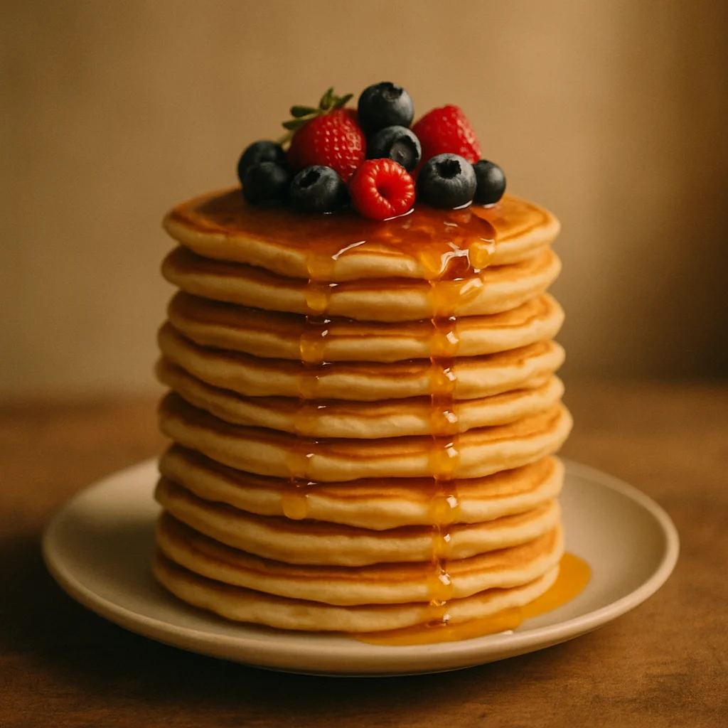 Jigsaw puzzle: A tall stack of golden pancakes on a plate, topped with fresh berries and syrup.