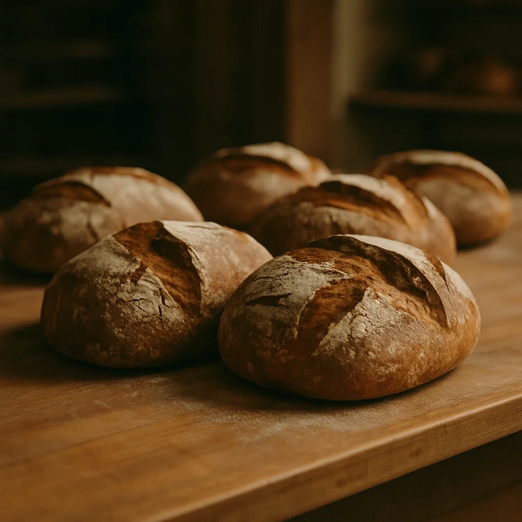 Jigsaw puzzle: Six round loaves of artisan bread with flour dusting sit on a rustic wooden table.
