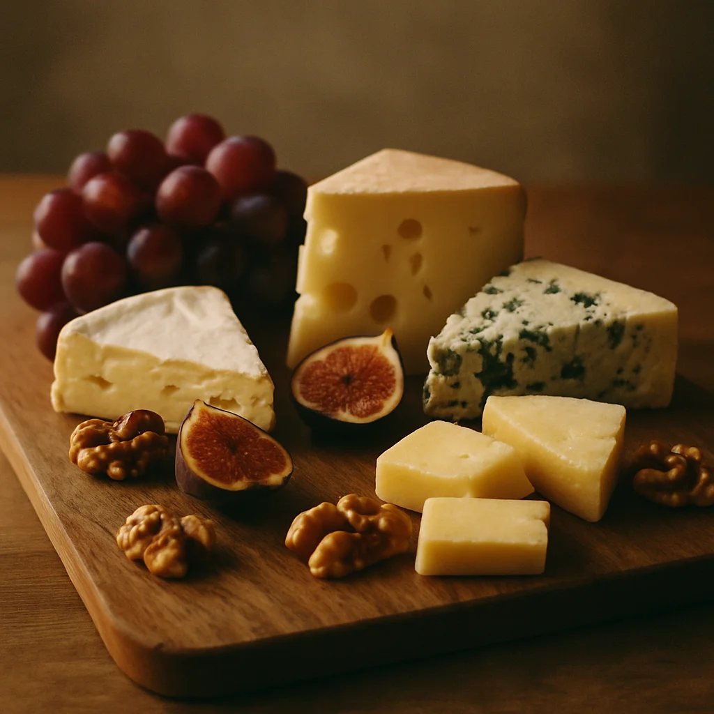Jigsaw puzzle: A wooden board displays various cheeses, red grapes, figs, and walnuts.