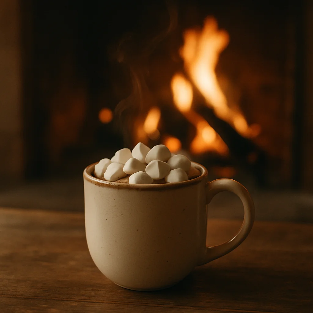 Jigsaw puzzle: A mug of hot chocolate with marshmallows on wood, fireplace glowing warmly behind.