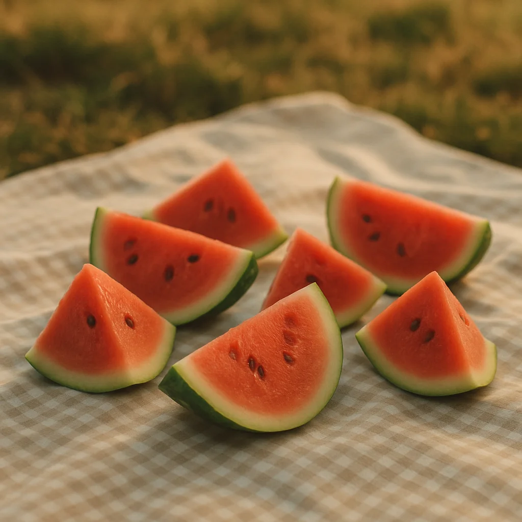 Jigsaw puzzle: Several triangular and crescent-shaped slices of ripe watermelon are laid out on a checkered picnic blanket.