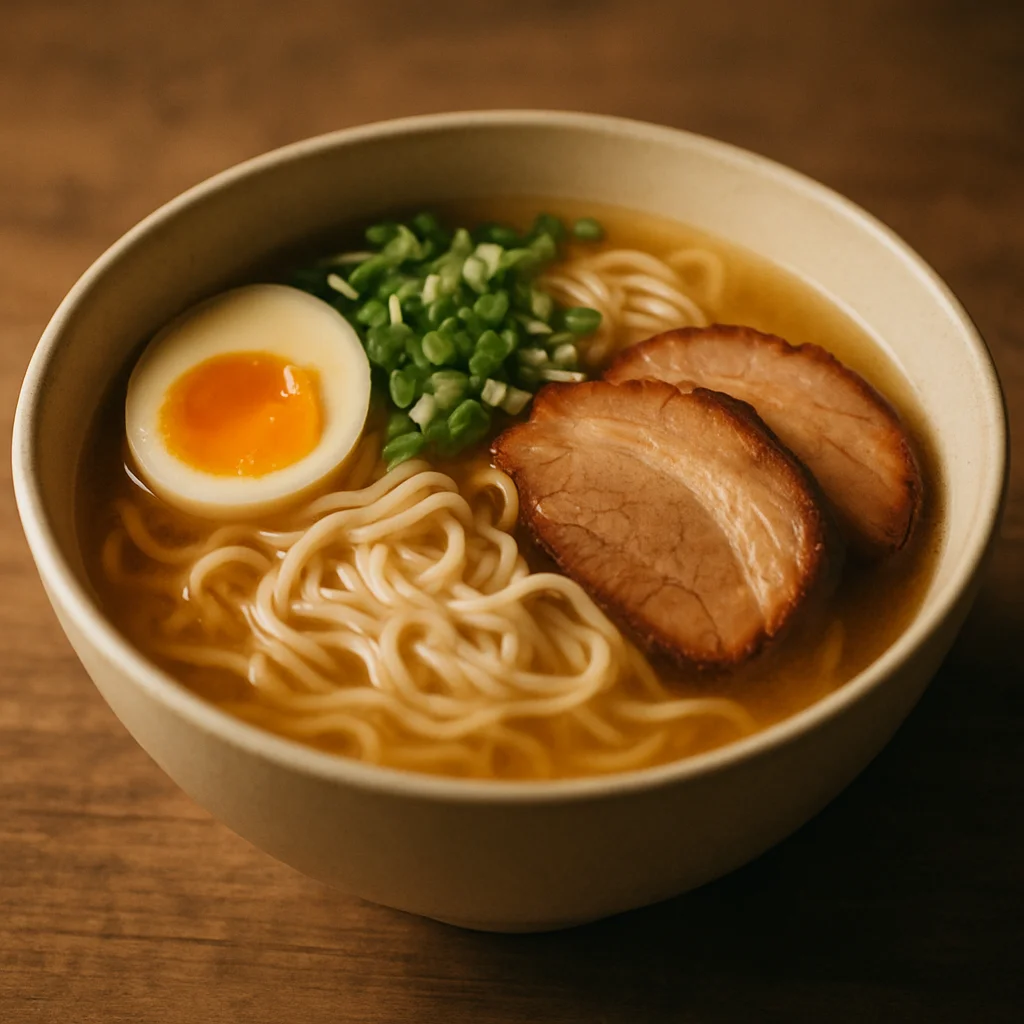 A bowl of ramen with noodles, sliced pork, a soft-boiled egg, and green onions.