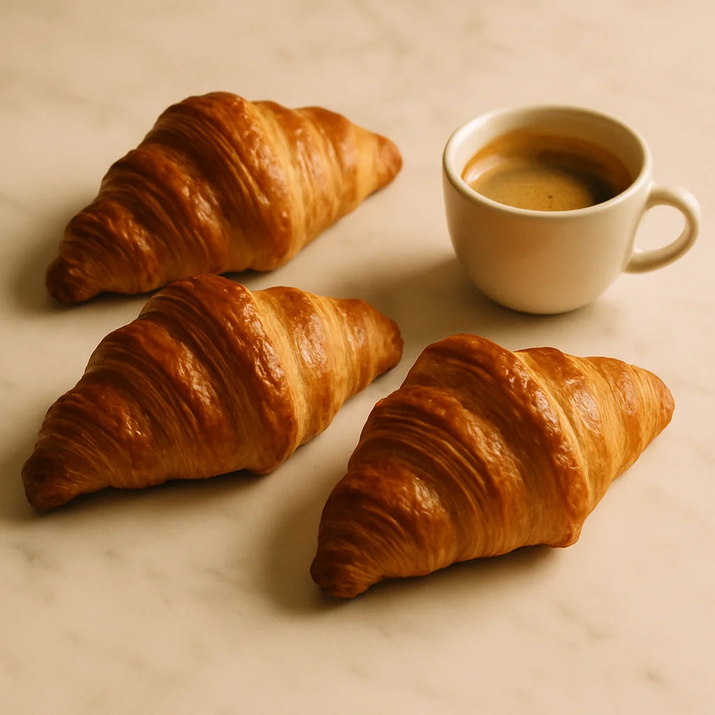Three golden-brown croissants are arranged around a white cup of espresso on a light surface.