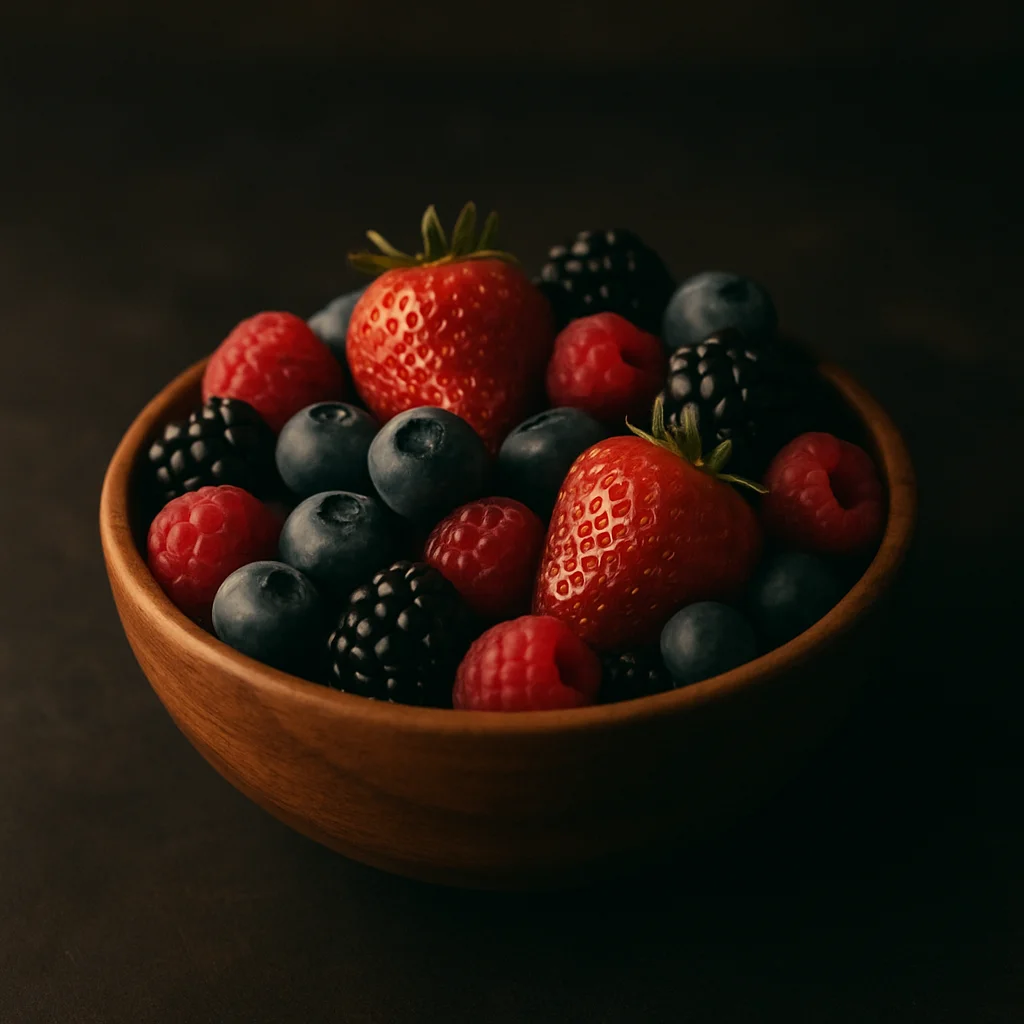 A wooden bowl brimming with fresh strawberries, blueberries, raspberries, and blackberries.