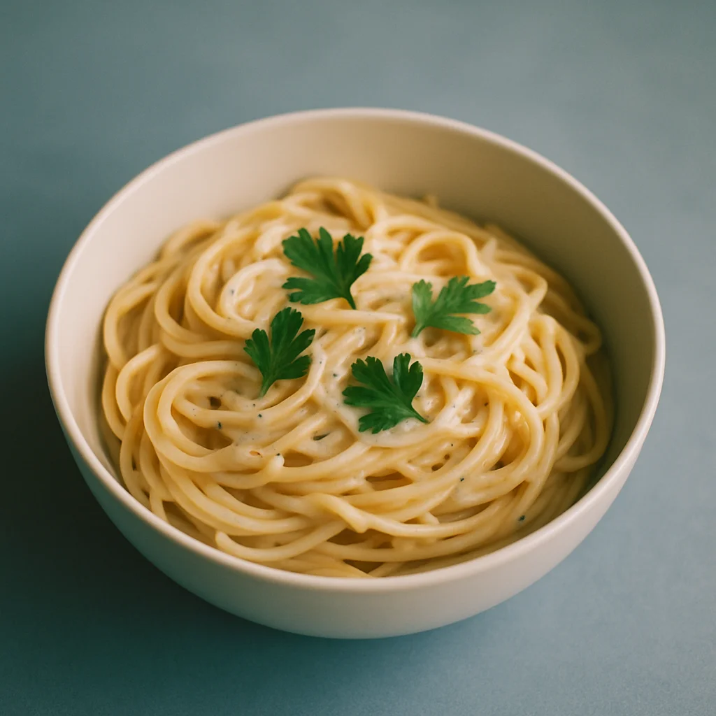 A white bowl filled with creamy spaghetti, topped with fresh green parsley leaves.