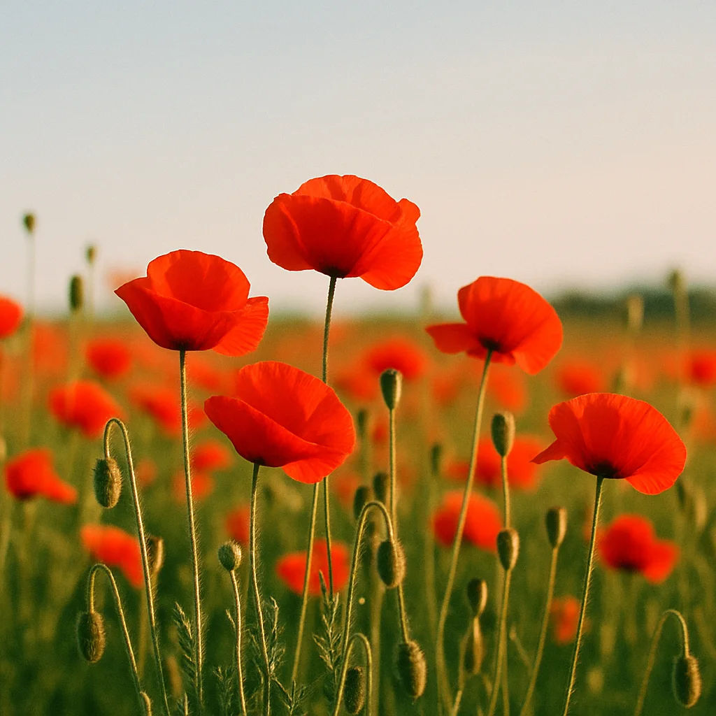 Close-up of numerous red poppies blooming in a green field under a clear sky.