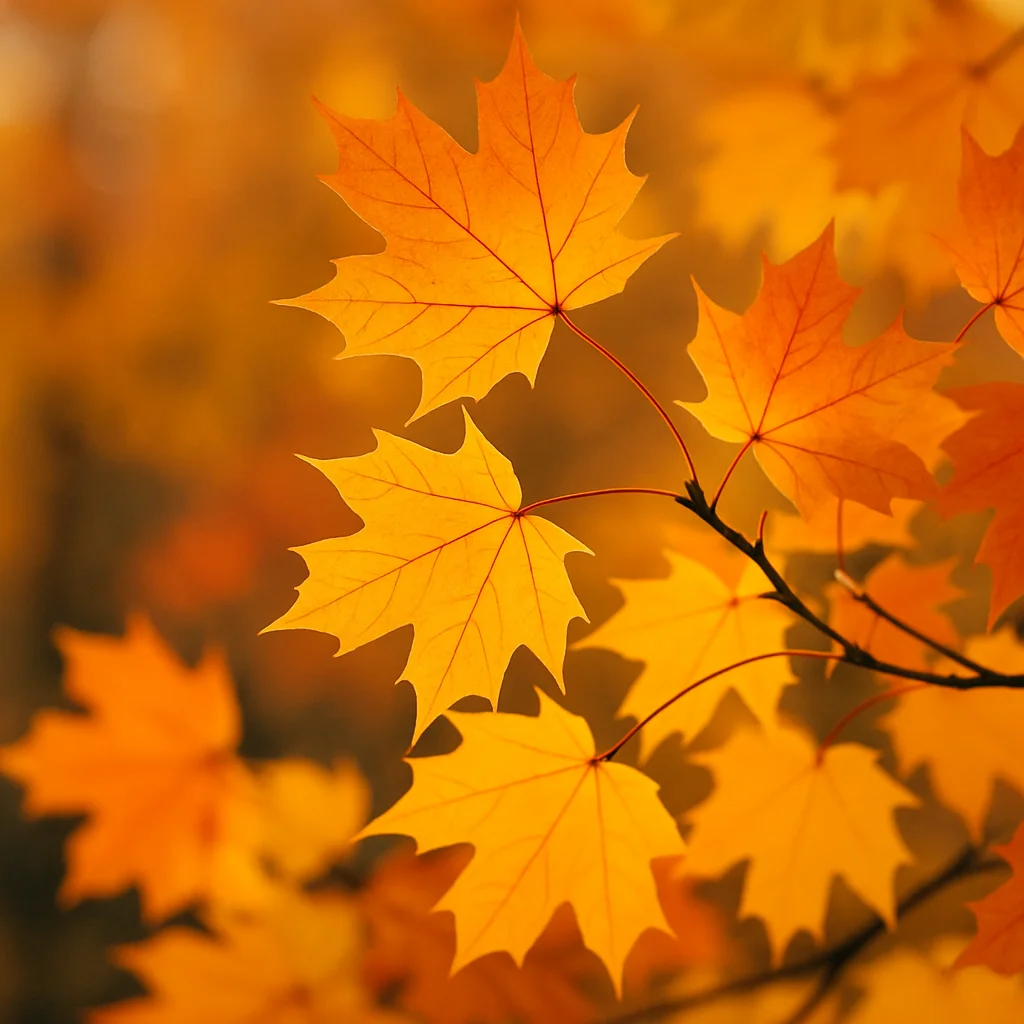 Close-up of several bright orange and yellow maple leaves on a branch bathed in warm light.