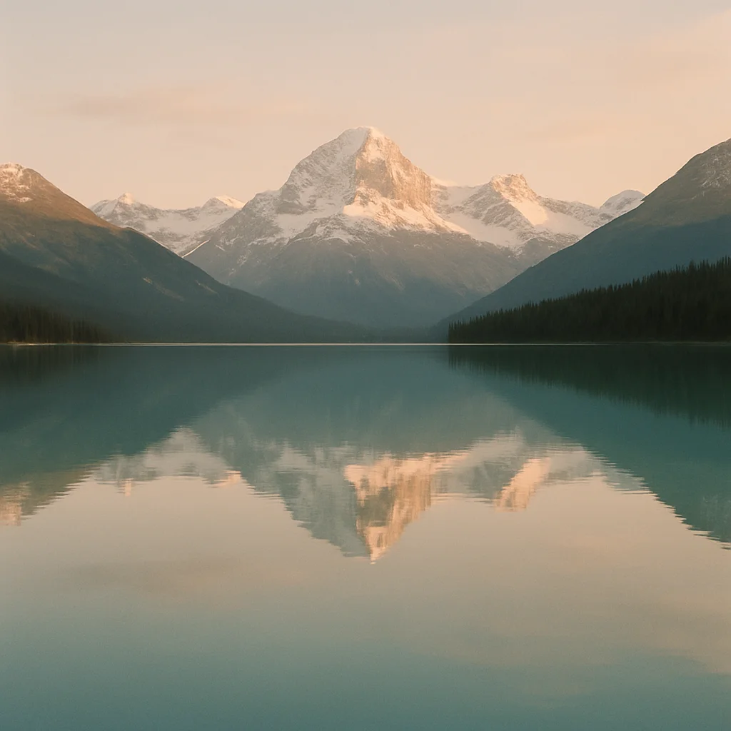 Jigsaw puzzle: A snow-capped mountain with forested slopes reflects perfectly in a calm, turquoise lake.