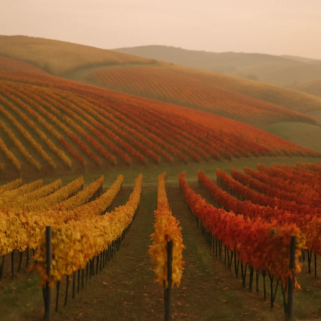 Jigsaw puzzle: Vibrant rows of red, orange, and yellow autumn grapevines stretch across rolling hills.