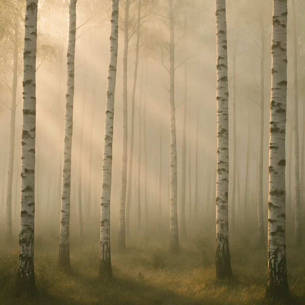 Jigsaw puzzle: Sunlight streams through a foggy forest of white-barked birch trees, illuminating the undergrowth.