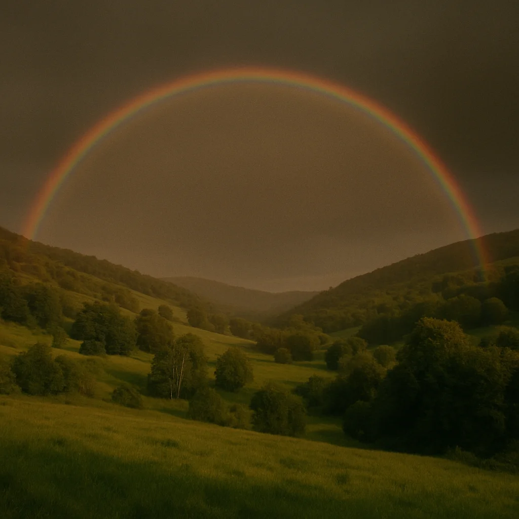 Jigsaw puzzle: A colorful rainbow arches over a lush green valley with rolling hills and scattered trees.