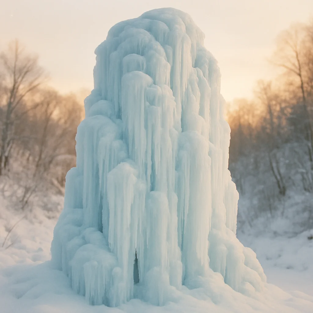 Jigsaw puzzle: A tall, intricate blue ice structure stands prominently in a snowy winter forest scene.