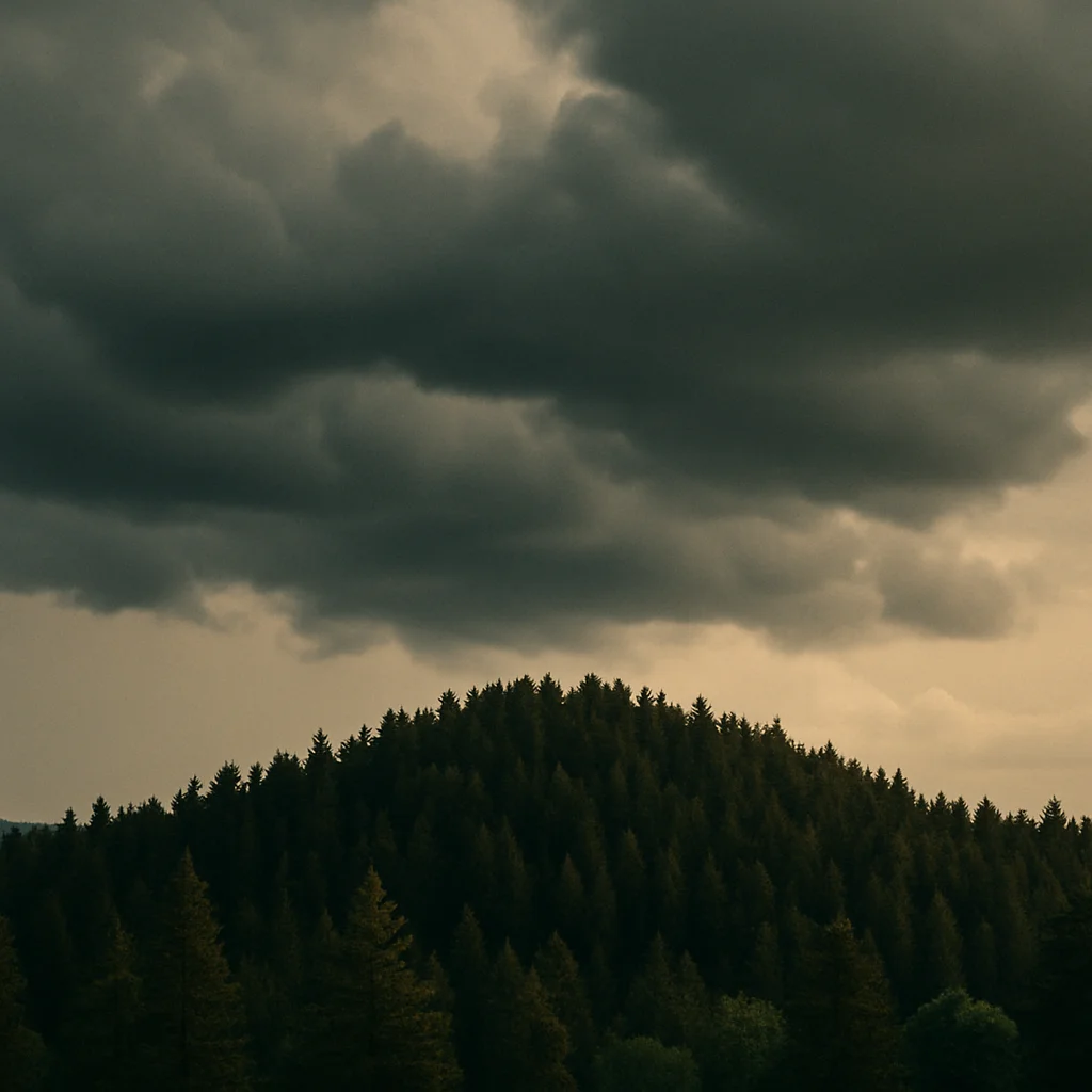 Dense pine forest covers a hill beneath heavy, dark storm clouds in the sky.
