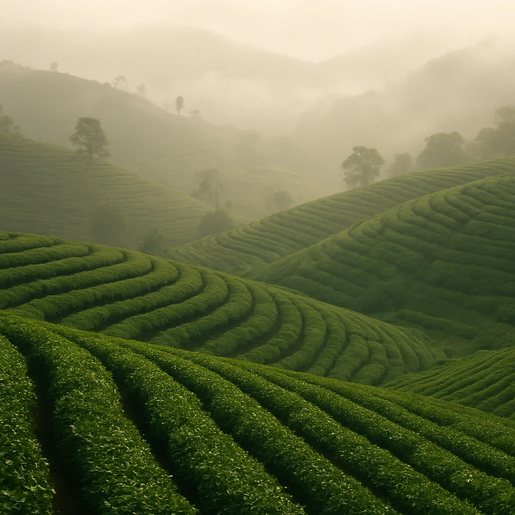 Jigsaw puzzle: Verdant tea plantations stretch across rolling hills shrouded in soft morning mist.