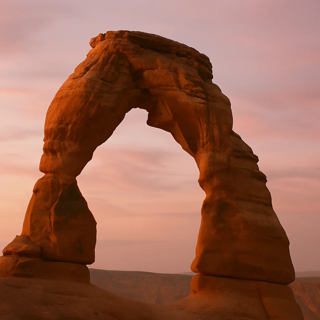 Jigsaw puzzle: A towering sandstone arch glows orange against a soft pink and purple sky at dusk.