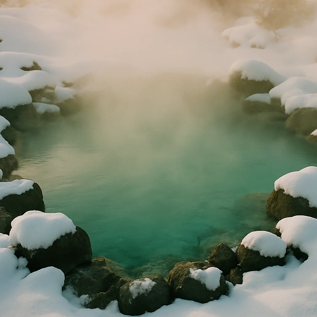 A steaming turquoise hot spring is surrounded by snow-covered rocks and ground.